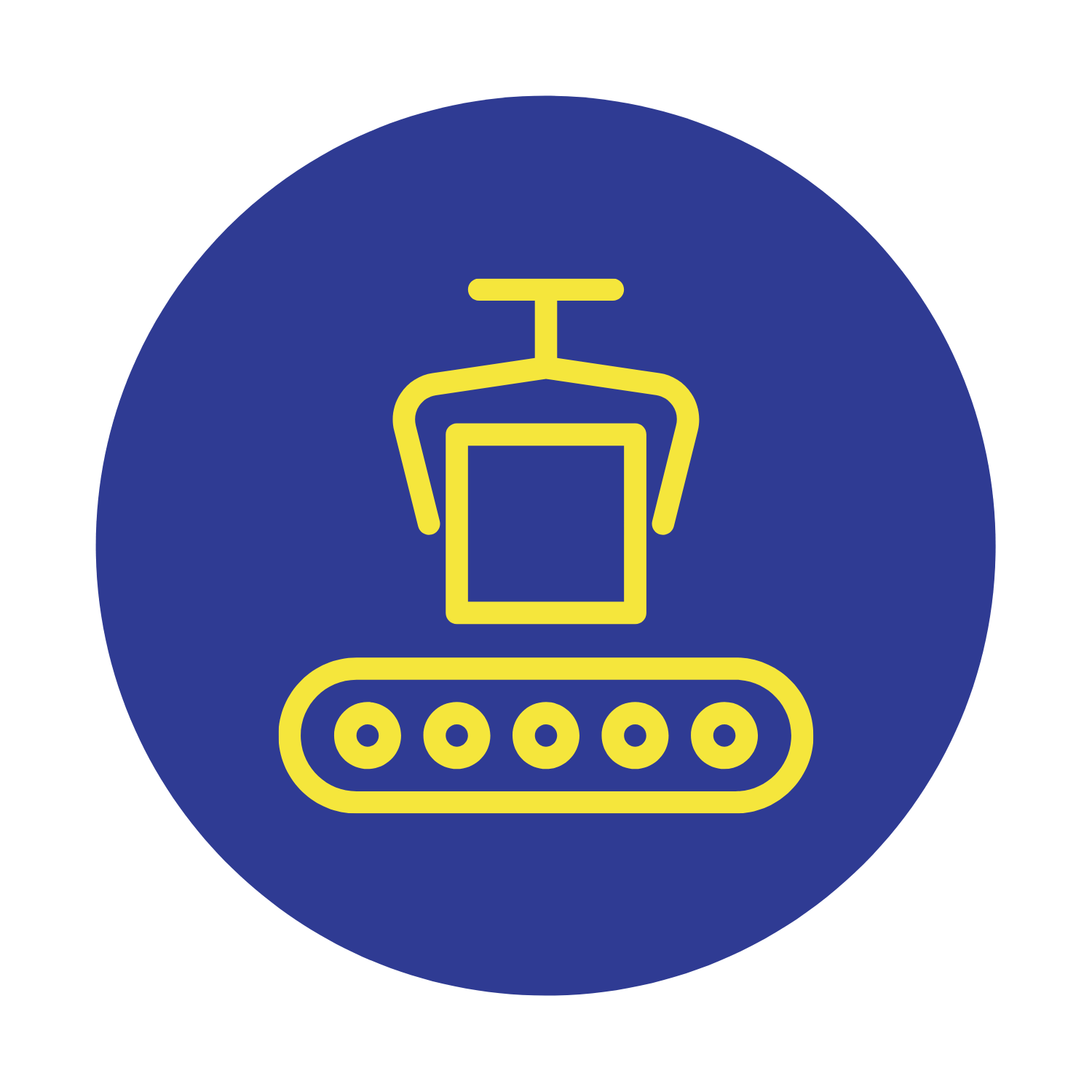 A blue circle with a yellow icon of a conveyor belt.