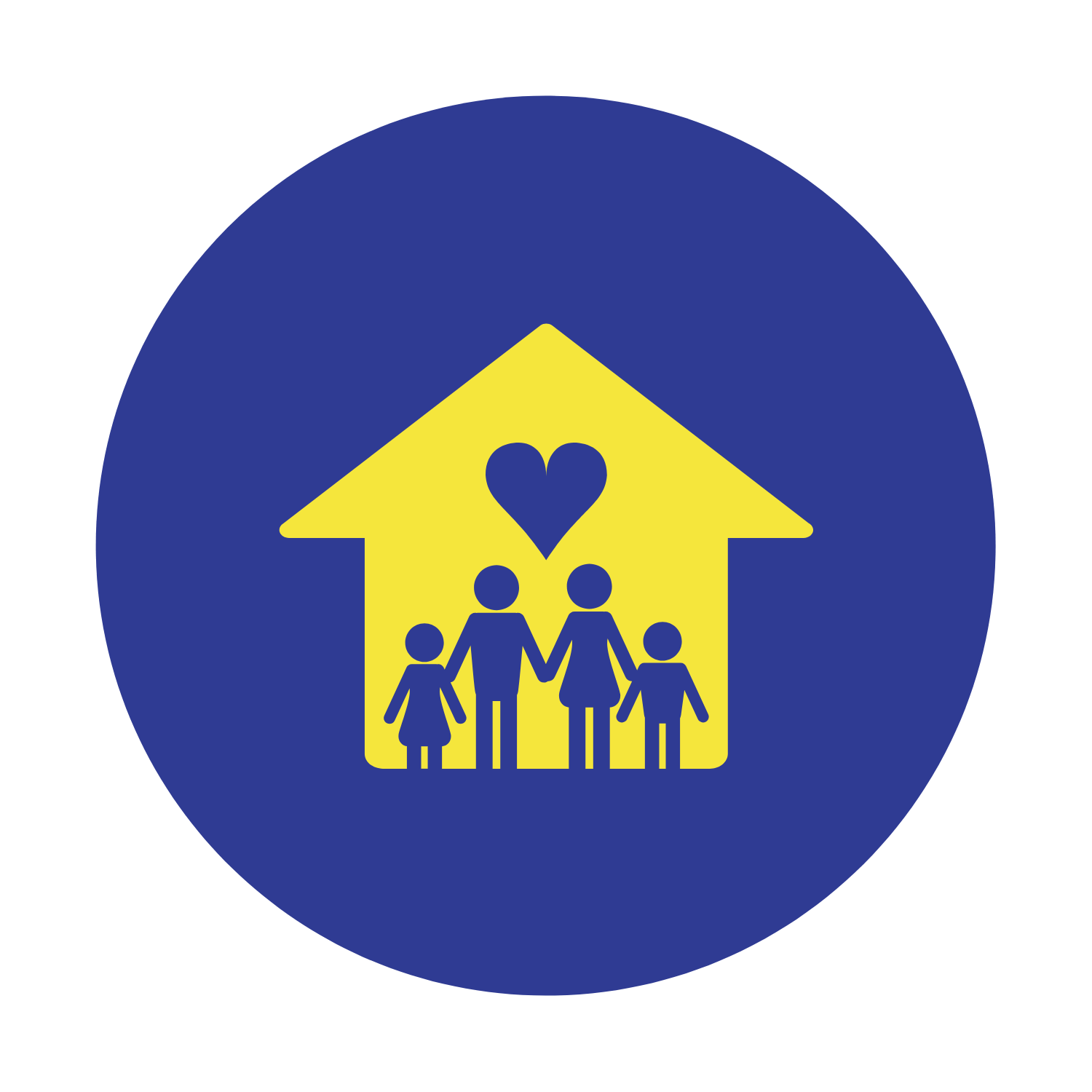 A family is holding hands in front of a house with a heart.