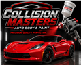 Collision Masters auto body and paint ad with red sports car and spray gun logo on black background