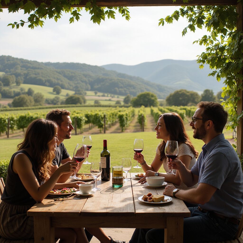 Friends enjoying wine and food at a table overlooking a vineyard and rolling hills.