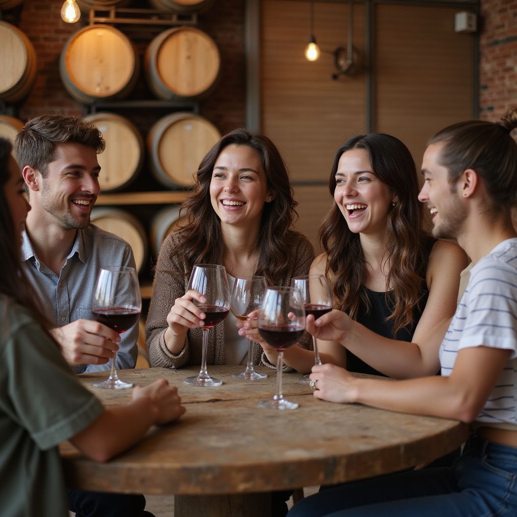 Friends laughing, clinking wine glasses around a table in a winery, with wooden barrels in the background.