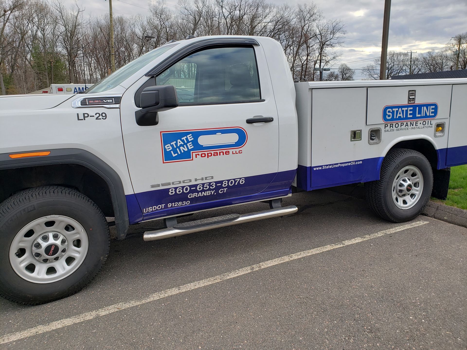 White utility truck with blue company decals parked on a roadside under cloudy skies