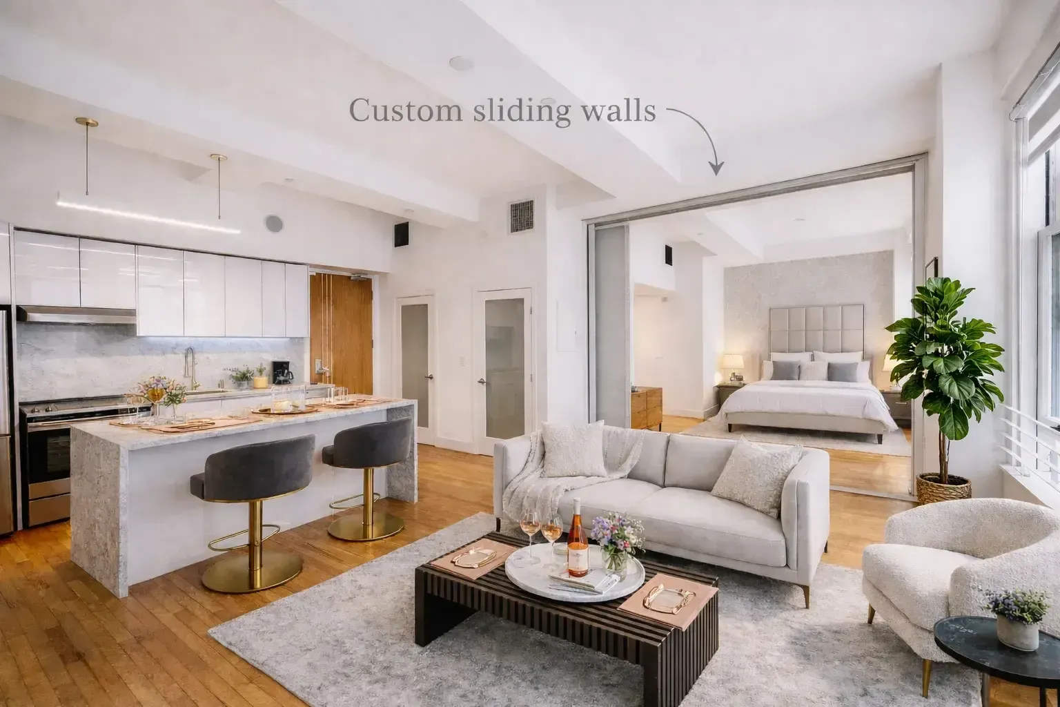 Modern one-bedroom apartment interior with custom sliding walls at HWH Luxury Living in Downtown Los Angeles.