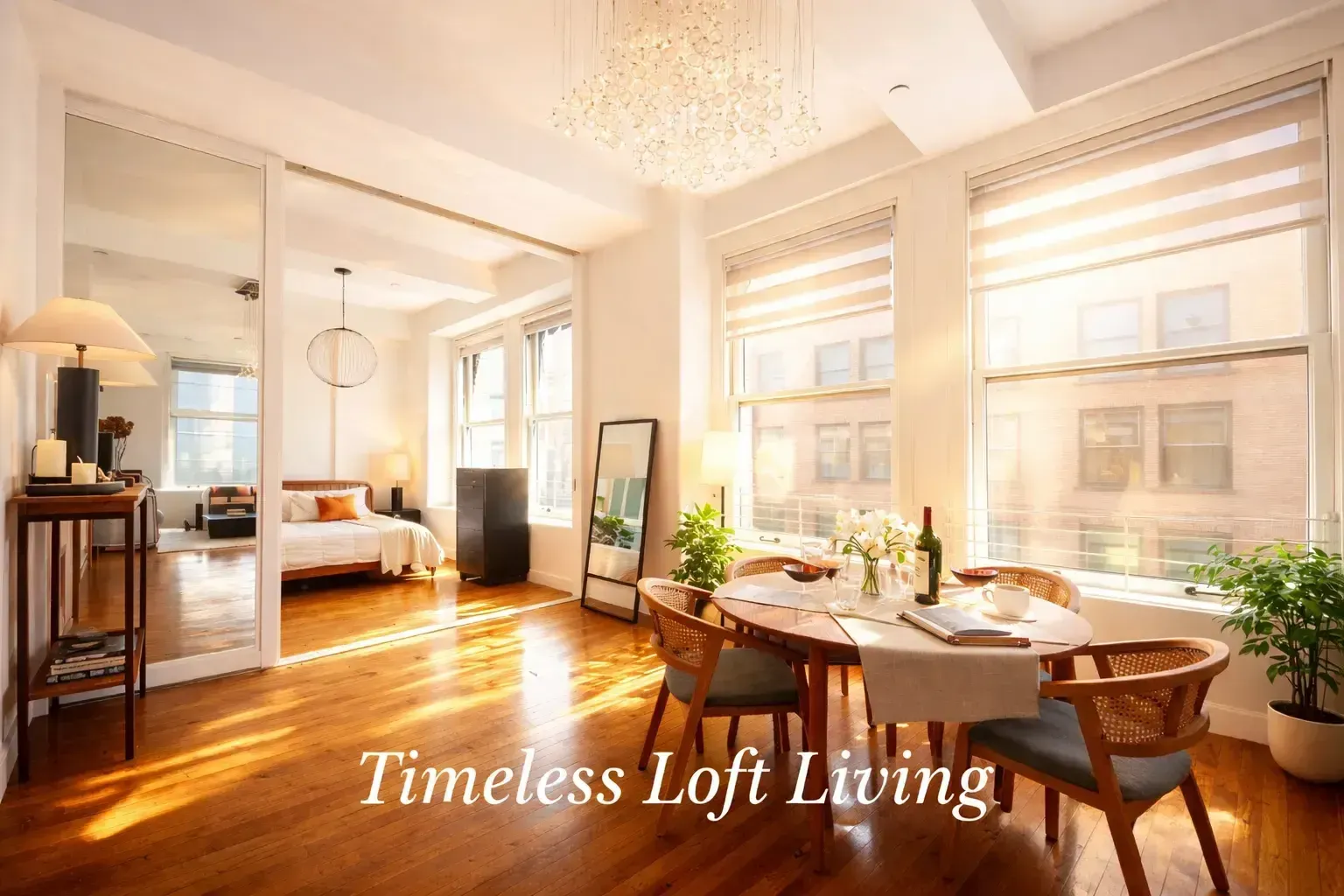 A bright, sun-drenched two-bedroom loft apartment at HWH Luxury Living in Downtown Los Angeles. Sunlight streams through large double-hung windows onto warm hardwood floors, highlighting a round dining set with a table runner and cane-back chairs in the foreground. In the background, open European rolling glass wall separators reveal a bedroom area with a bed and mid-century modern furniture. Overlay text reads 