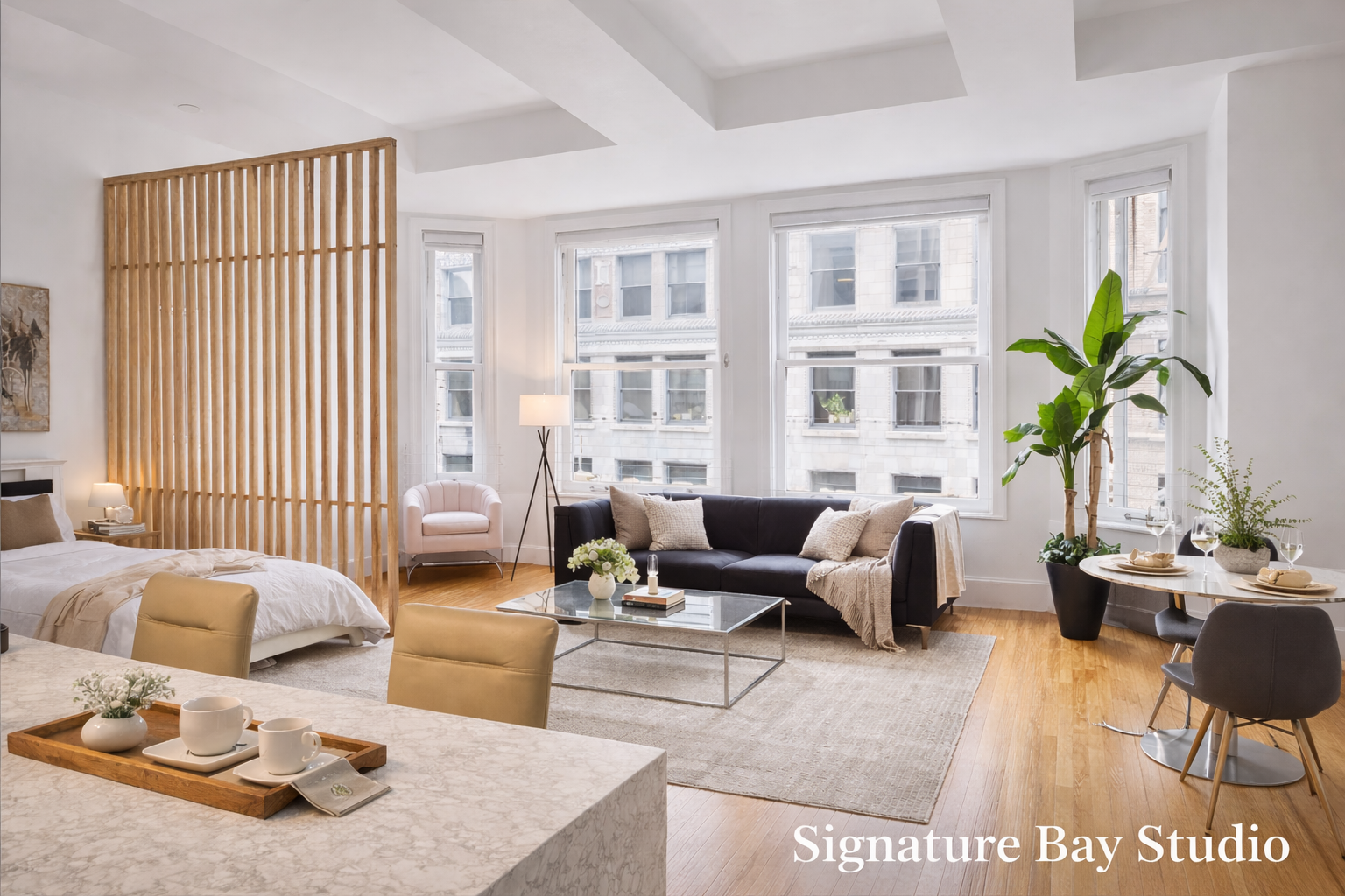 Signature Bay Studio apartment interior at HWH Luxury Living in Downtown Los Angeles