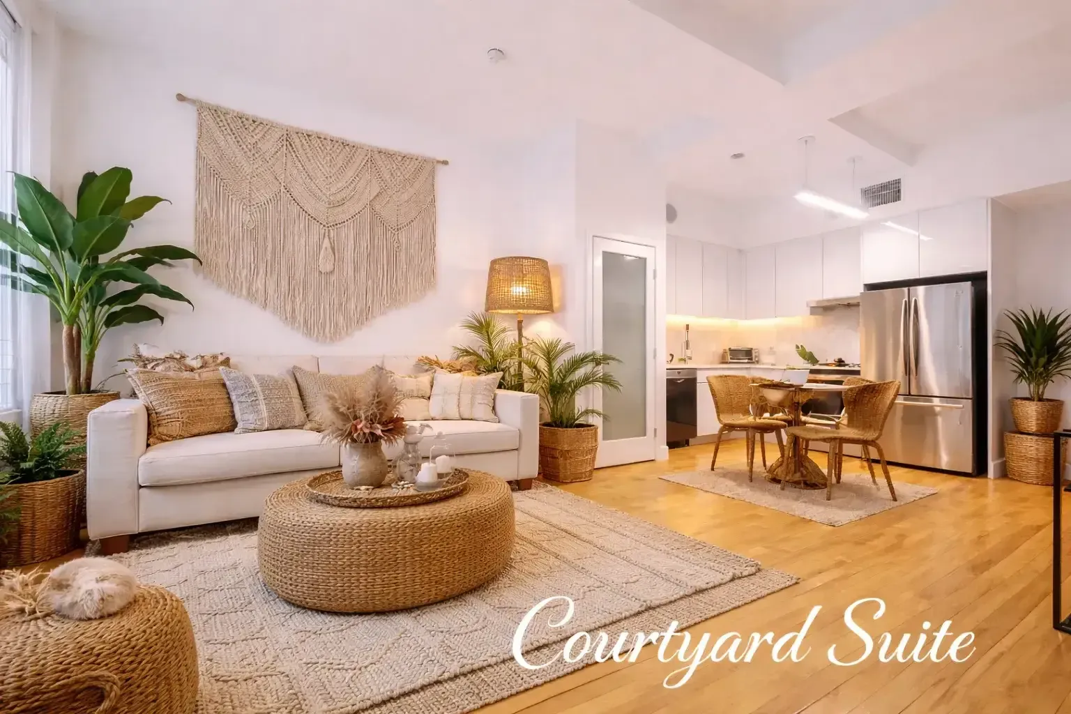 Spacious Courtyard Suite living room at HWH Luxury Living in Los Angeles, decorated with natural textures including potted tropical plants, a woven round coffee table, a white sofa with neutral accent pillows, and a open-concept kitchen with dining seating.