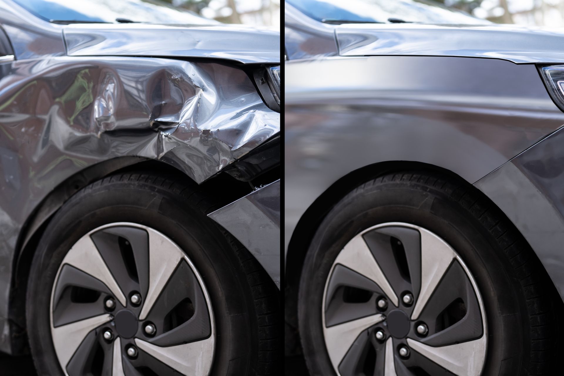 A photo of a grey car’s side dent repair before and after. A photo of a grey car’s side dent repair before and after.