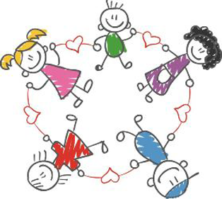 Six stick figures holding hands in a circle around red hearts, each wearing a different color outfit.