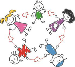 Six stick figures holding hands in a circle around red hearts, each wearing a different color outfit.