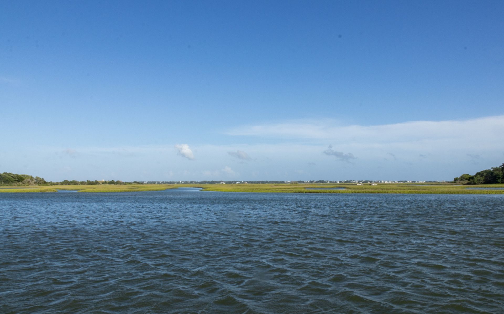 Wide blue river under a clear sky, with grassy shoreline on the horizon.