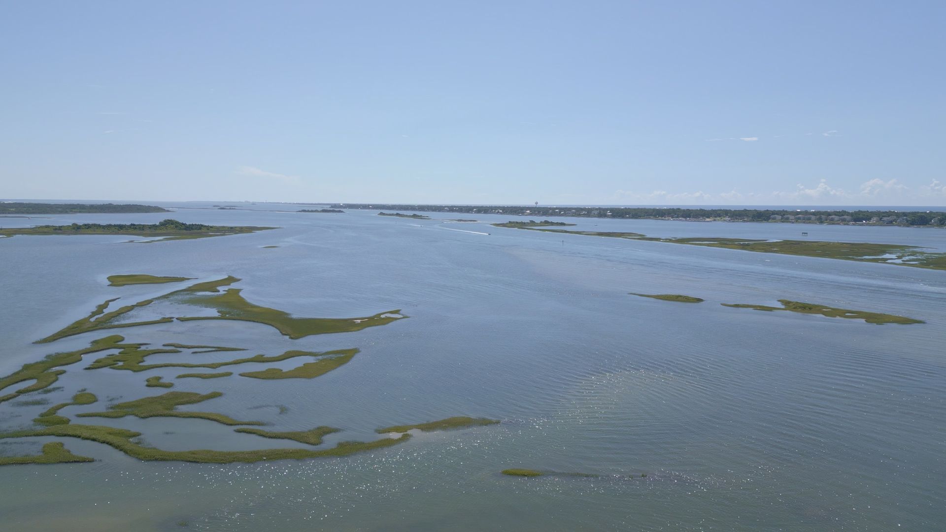 Wide tidal flat with shallow water, green marsh patches, and distant shoreline under a clear blue sky