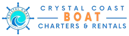 Crystal Coast Boat Charters & Rentals logo with a blue ship wheel and waves on white