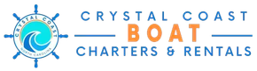 Crystal Coast Boat Charters & Rentals logo with a blue ship wheel and waves on white