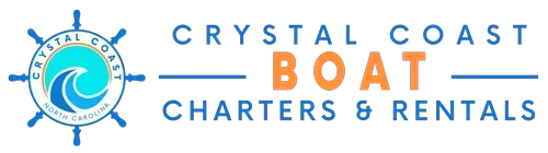 Crystal Coast Boat Charters & Rentals logo with a blue ship wheel and waves on white