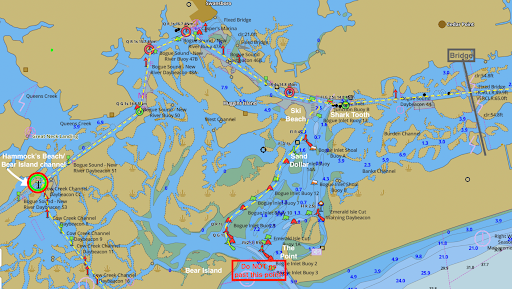 Colorful map of a coastal bay with labels, markers, and a red highlighted box near the bottom center