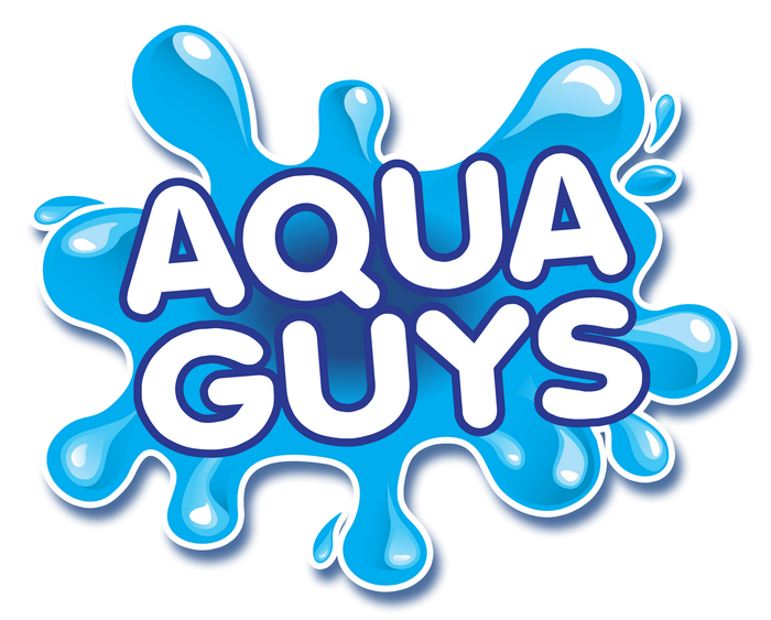 a logo for aqua guys with a splash of water