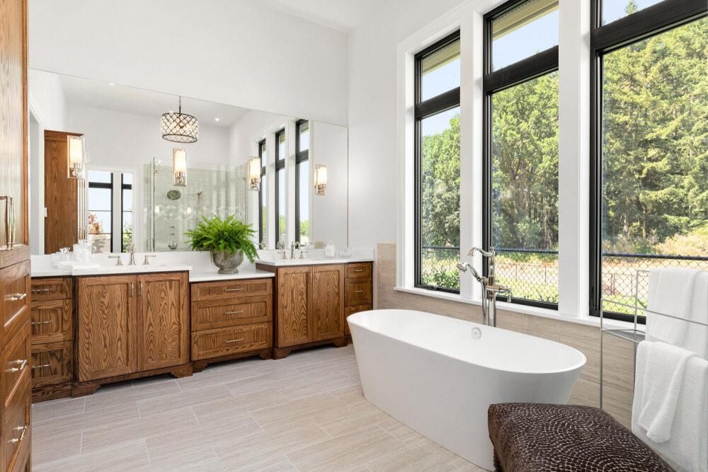 A Bathroom with Two Sinks and A Lot of Windows — Caldera Kitchens and Bathrooms in Casino, NSW