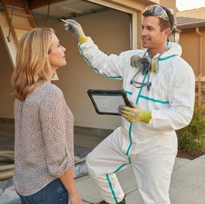 Insulation technician explaining service options to a homeowner