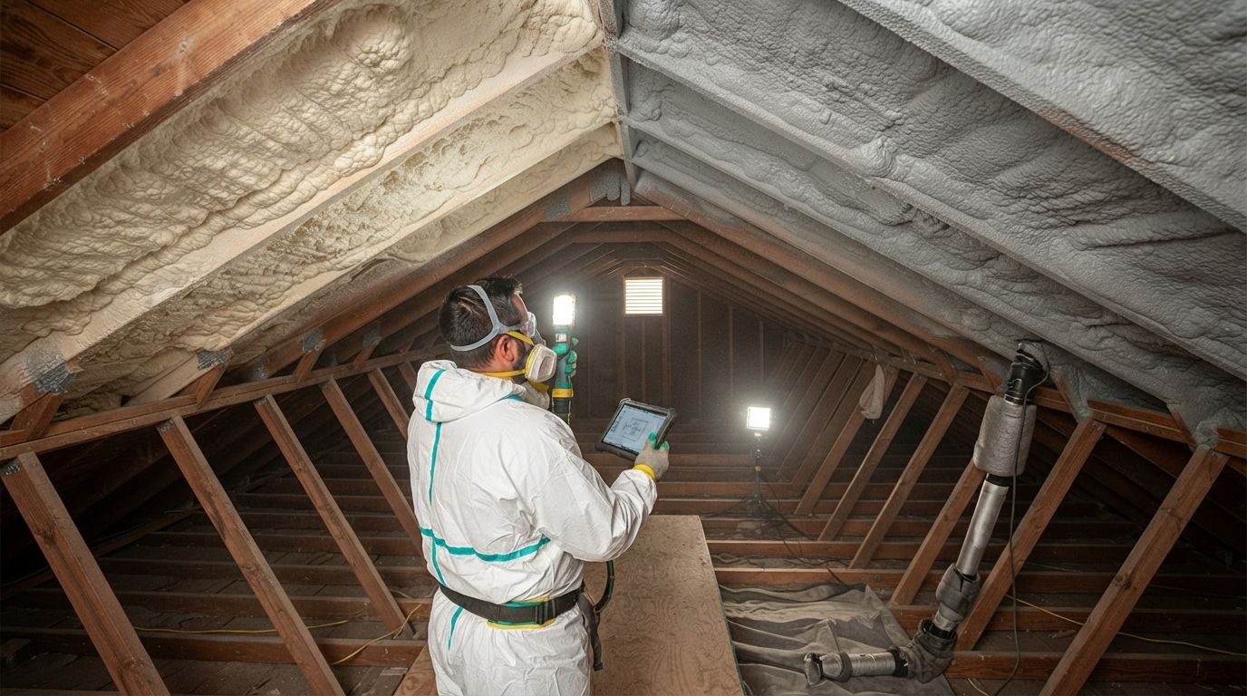 Technician applying spray foam insulation between attic rafters