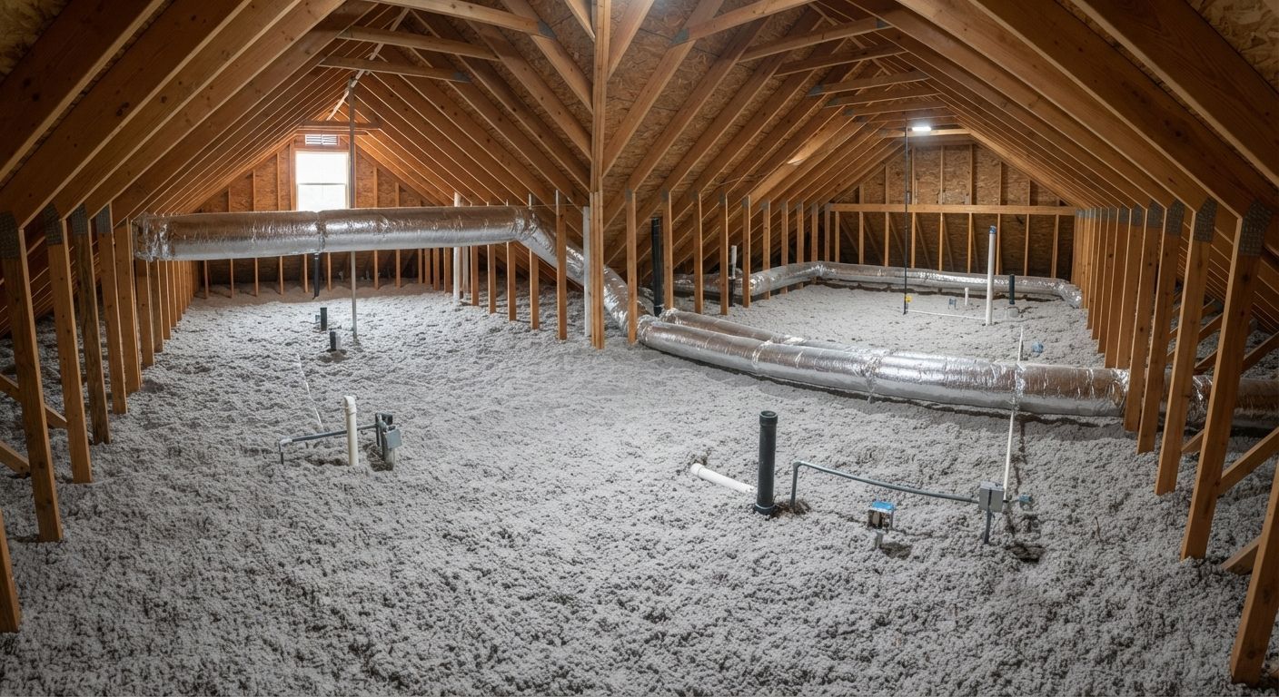 Technician installing insulation across a residential attic