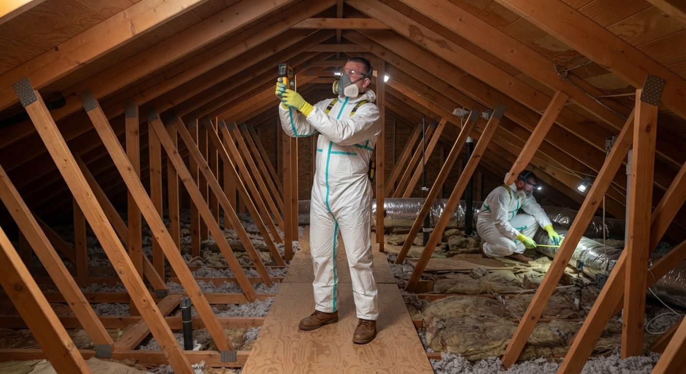 Professional checking insulation coverage inside an attic