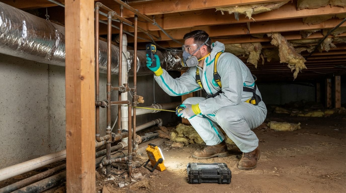 Crawl space insulation installed between wooden floor joists