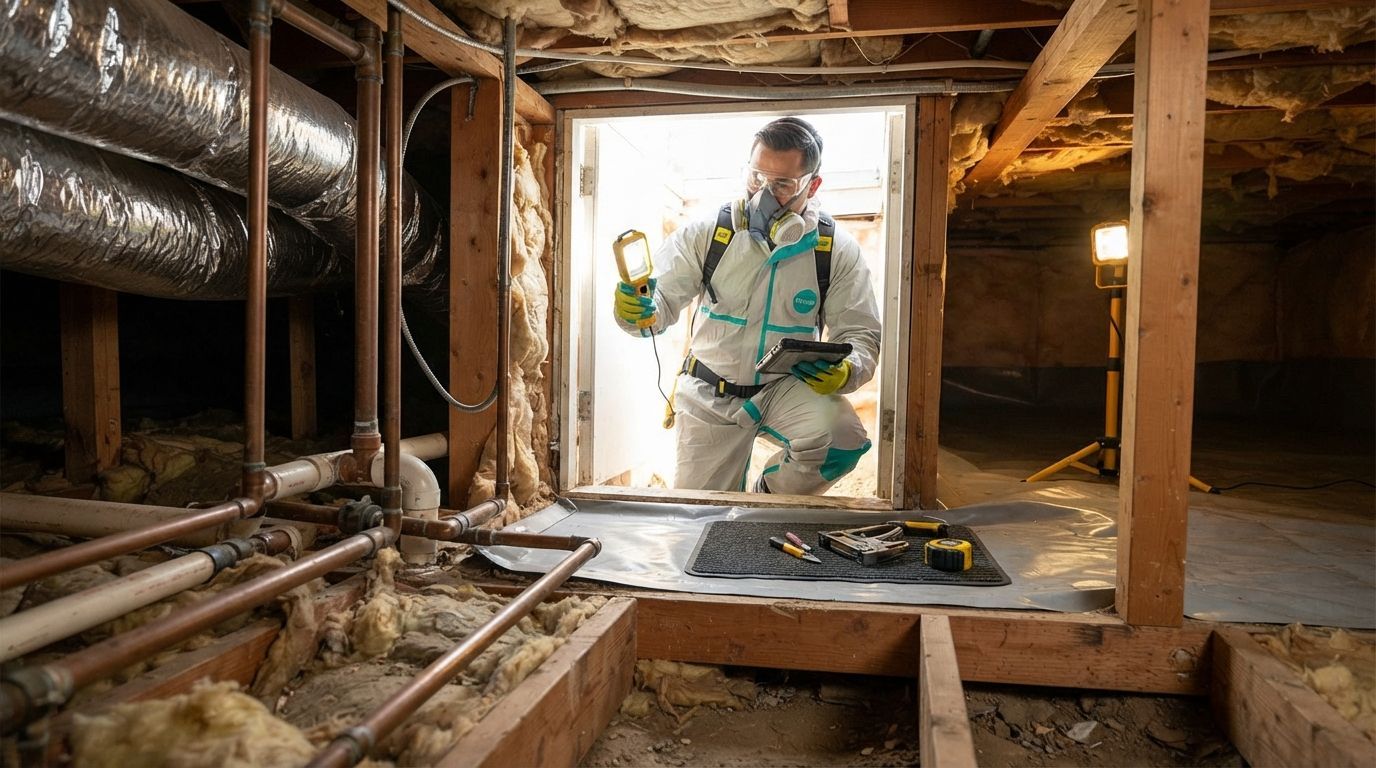 Technician installing insulation beneath a residential home