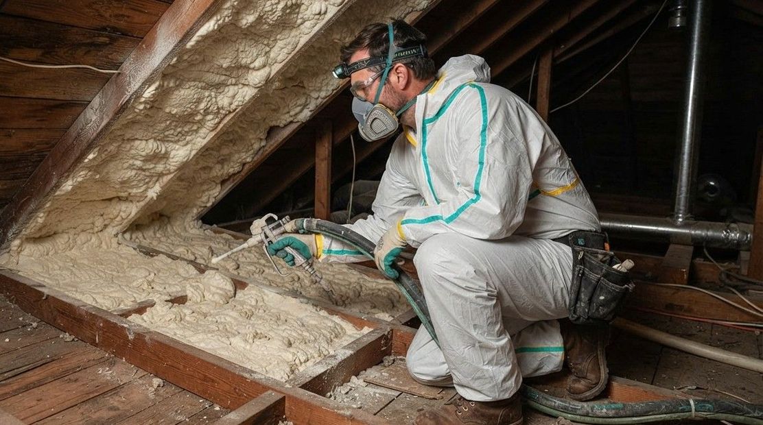 Insulation technician working inside a residential attic in Auburn