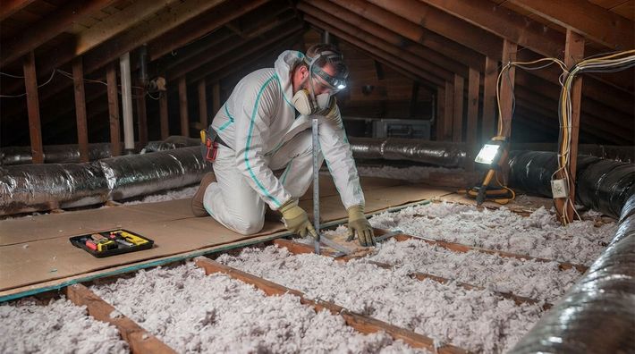 Newly installed attic insulation with even coverage