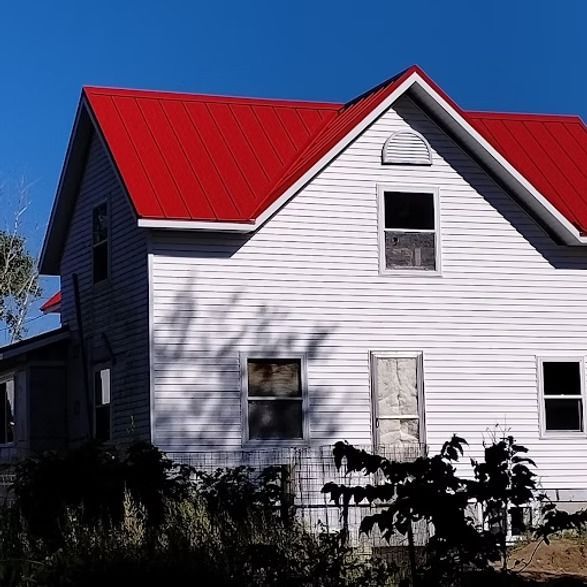 White house with bright red metal roof against a blue sky, overgrown foliage in the foreground.