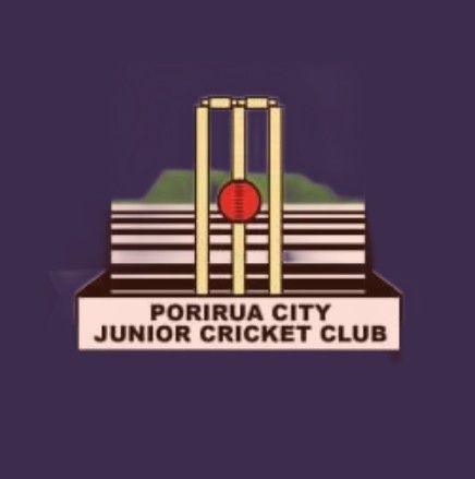 Logo for Porirua City Junior Cricket Club: cricket stumps, ball, landscape, and text on a black background.