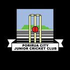 Logo for Porirua City Junior Cricket Club: cricket stumps, ball, landscape, and text on a black background.