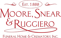 Moore, Snear & Ruggiero Funeral Home & Crematory logo in red with &ldquo;Est. 1888&rdquo; text