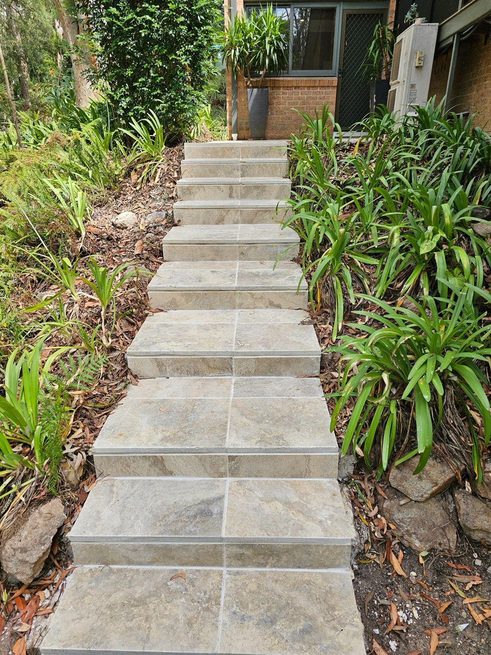 A set of stairs leading up to a house surrounded by plants.