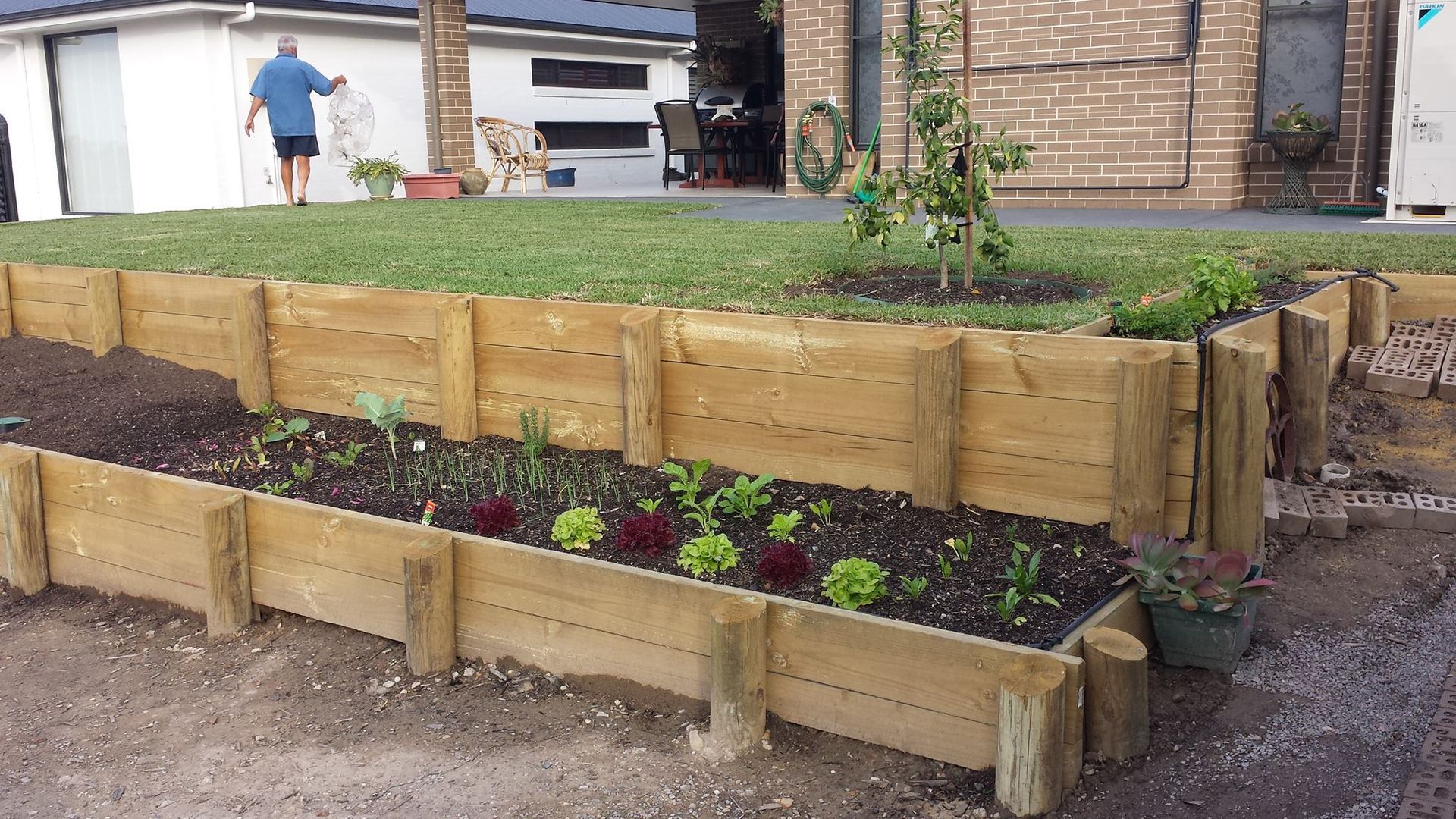 A wooden planter filled with plants in front of a house.