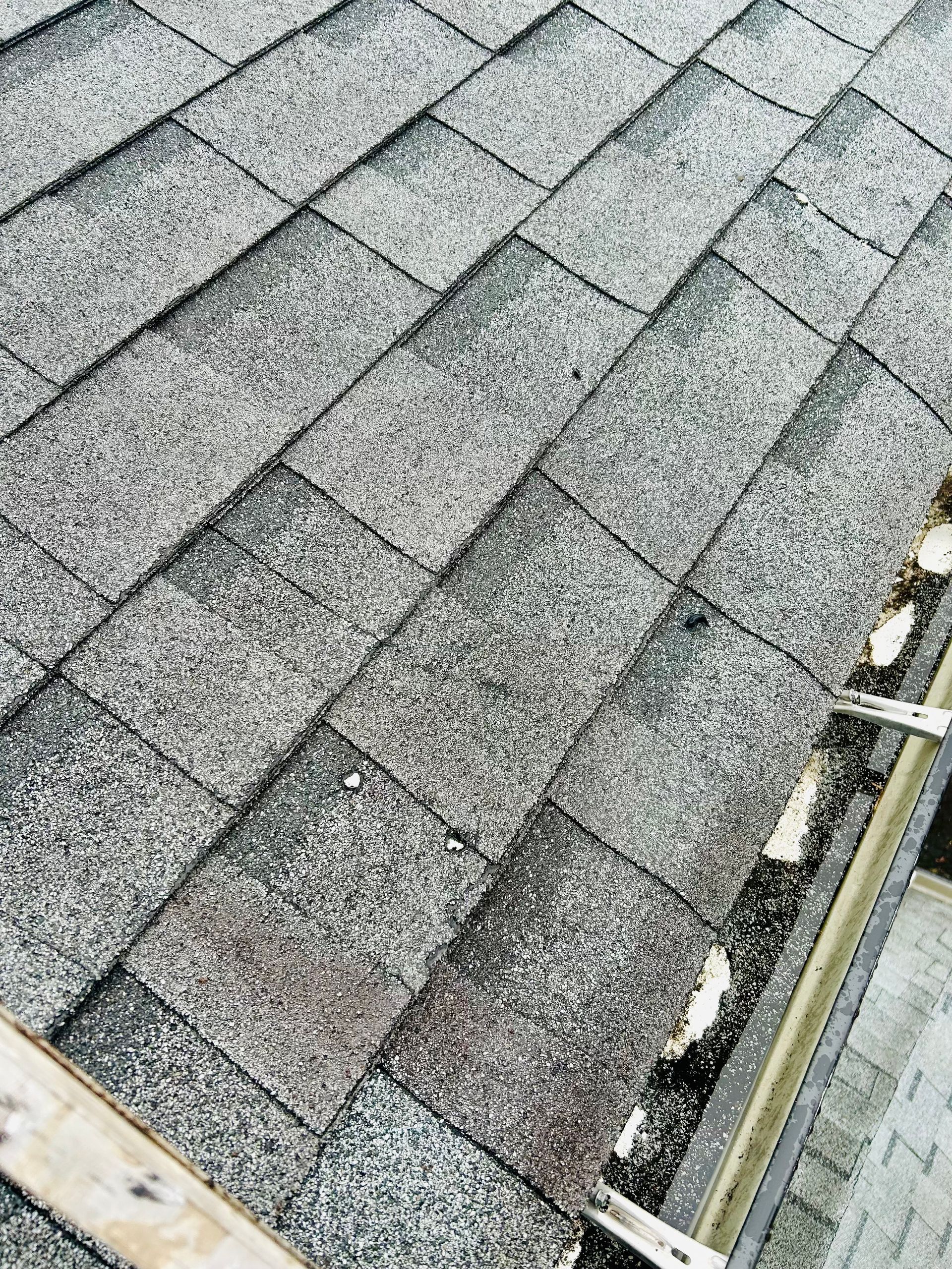 Close-up of gray asphalt roof shingles with a gutter along the right edge