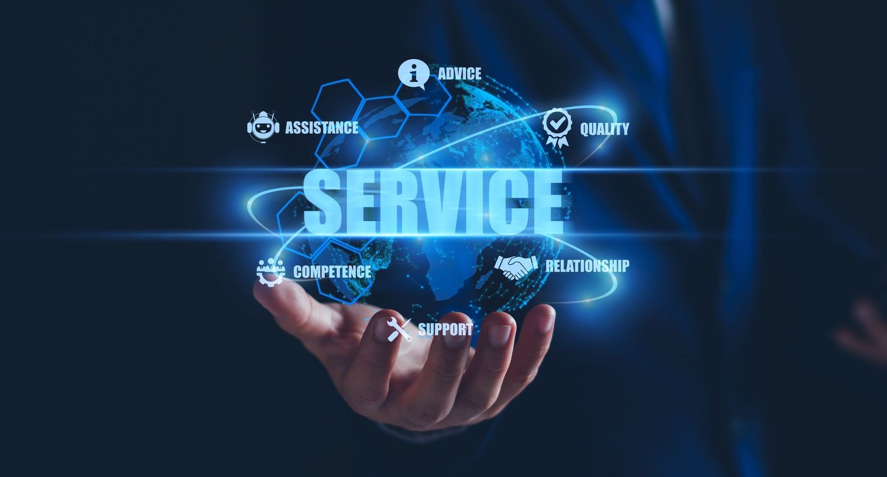 Hand holding glowing blue globe with “SERVICE” and network icons above it