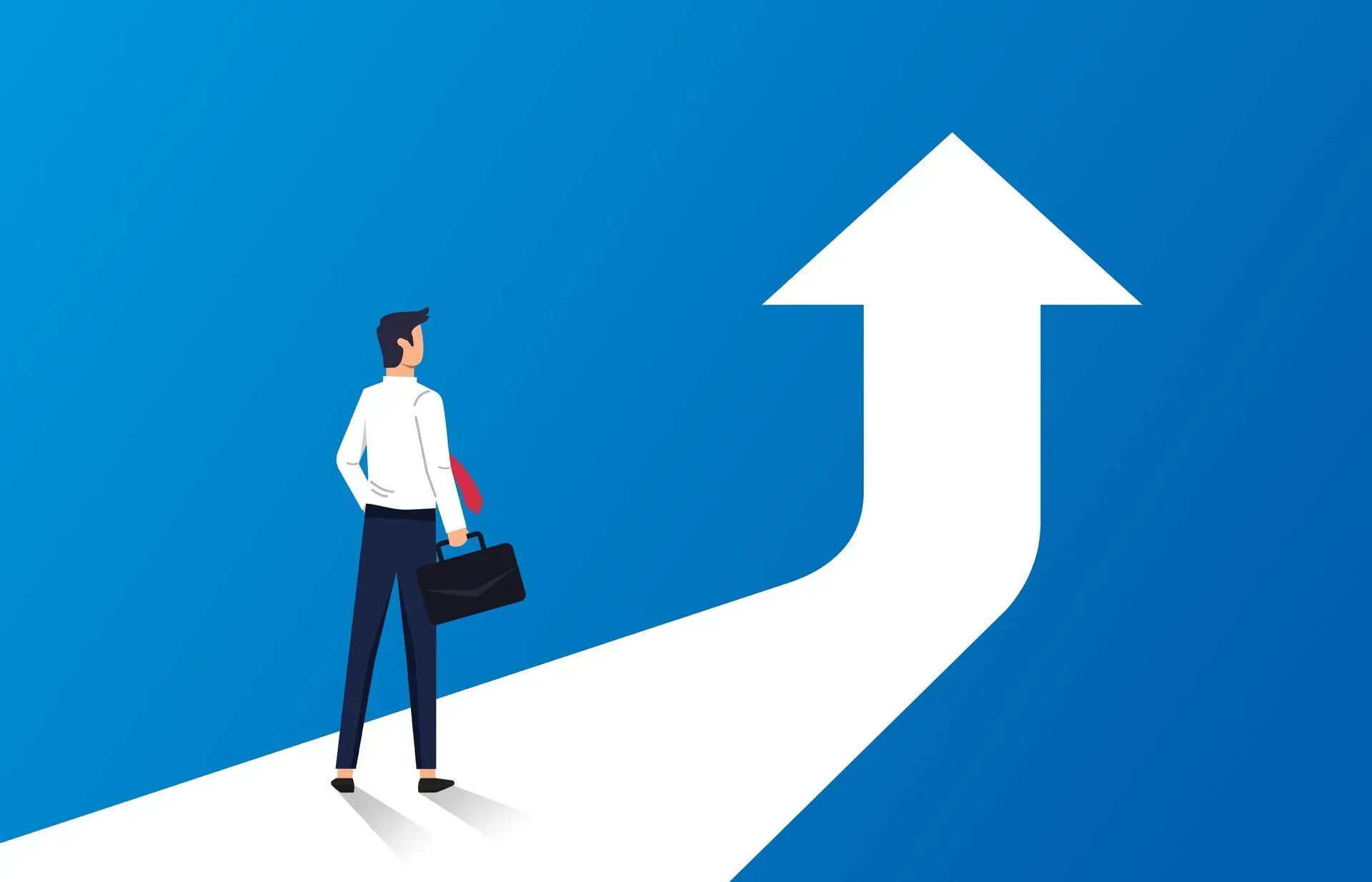 Businessman walking up a white upward arrow path on a blue background