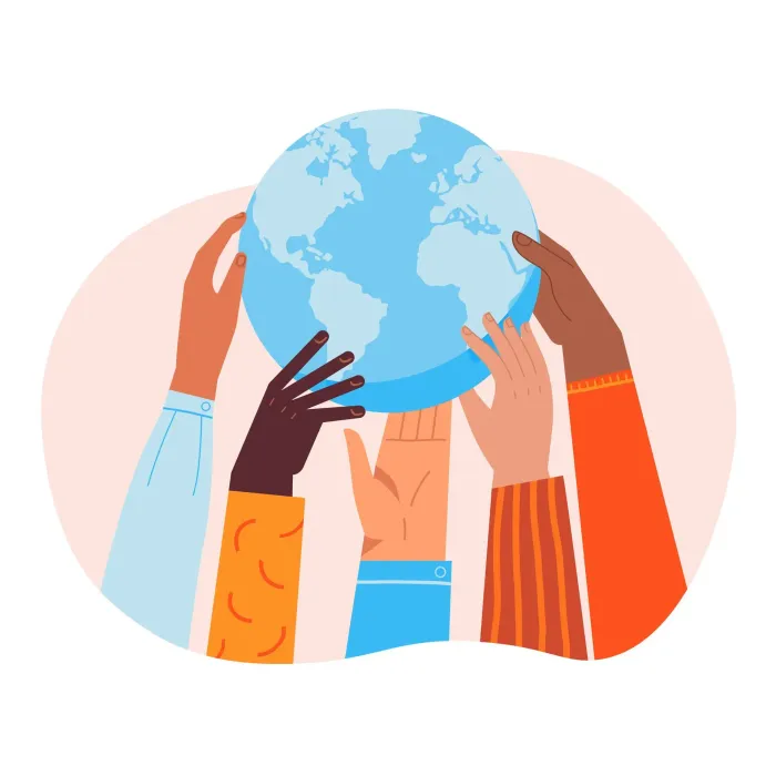 Hands of various skin tones holding a blue globe, symbolizing global unity.