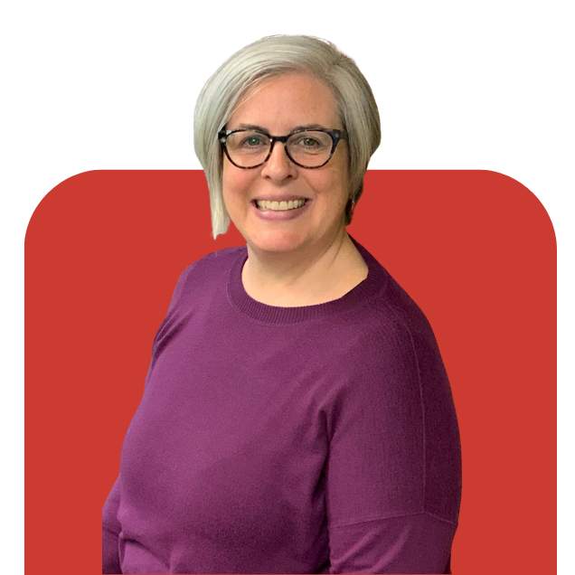 Smiling woman with glasses in a purple top against a red background