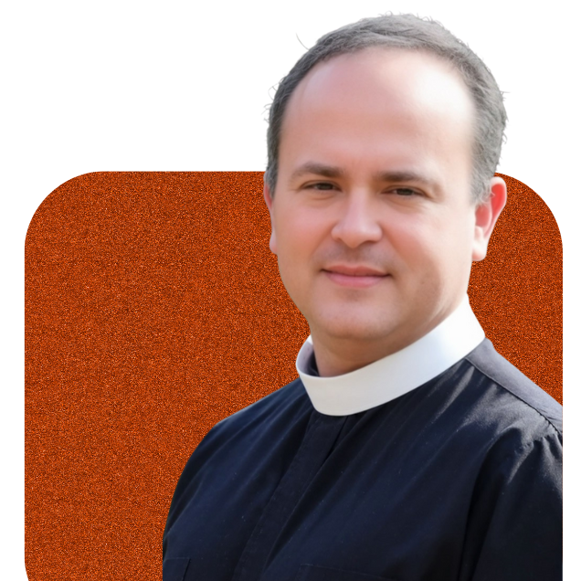 Clergy member in a black shirt with white collar, standing before an orange textured background