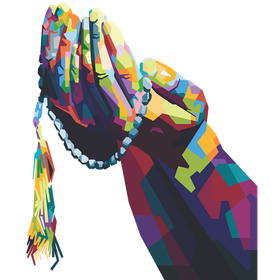 Colorful raised praying hands with a beaded bracelet on a white background