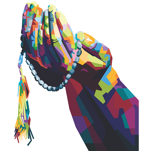 Colorful raised praying hands with a beaded bracelet on a white background