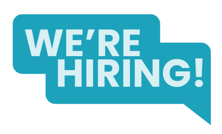 Blue speech bubble with white text reading “WE’RE HIRING!”