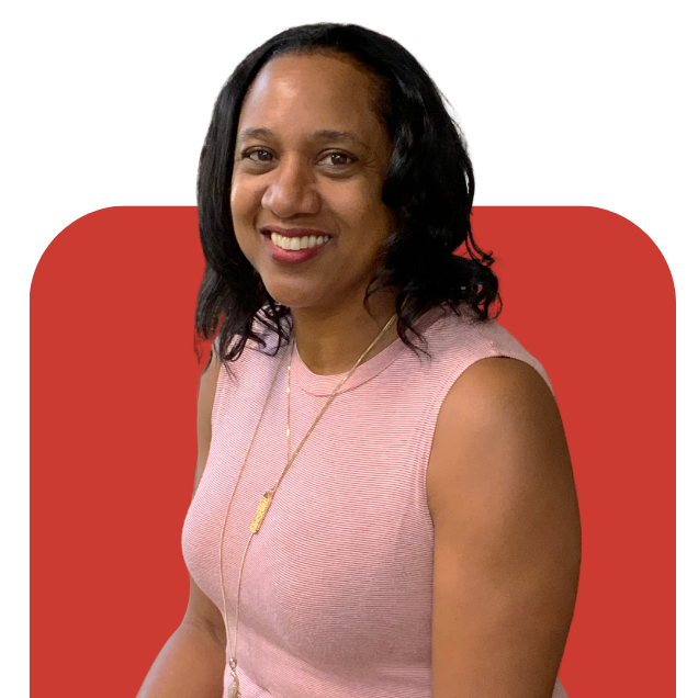 Smiling person in a pink sleeveless top against a white background with a red rounded shape