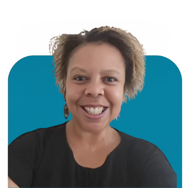 Smiling person in a black shirt against a teal background