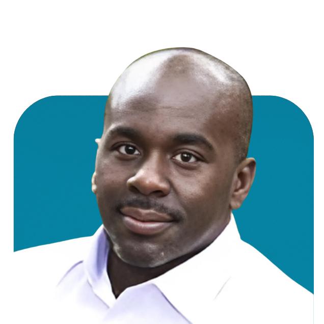 Portrait of a man in a white shirt against a teal background