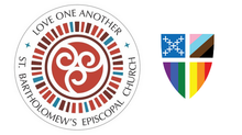 Logo for St. Bartholomew’s Episcopal Church with circular red cross emblem and multicolor shield crest