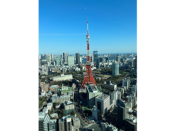 An aerial view of the tokyo skyline with the tokyo tower in the foreground.