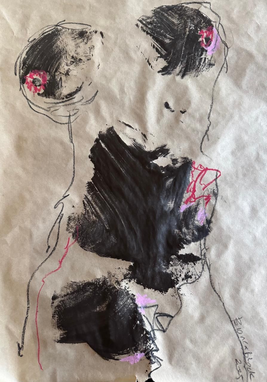 An abstract drawing on textured paper featuring bold black brushstrokes, delicate dark line work, and small pink accents.